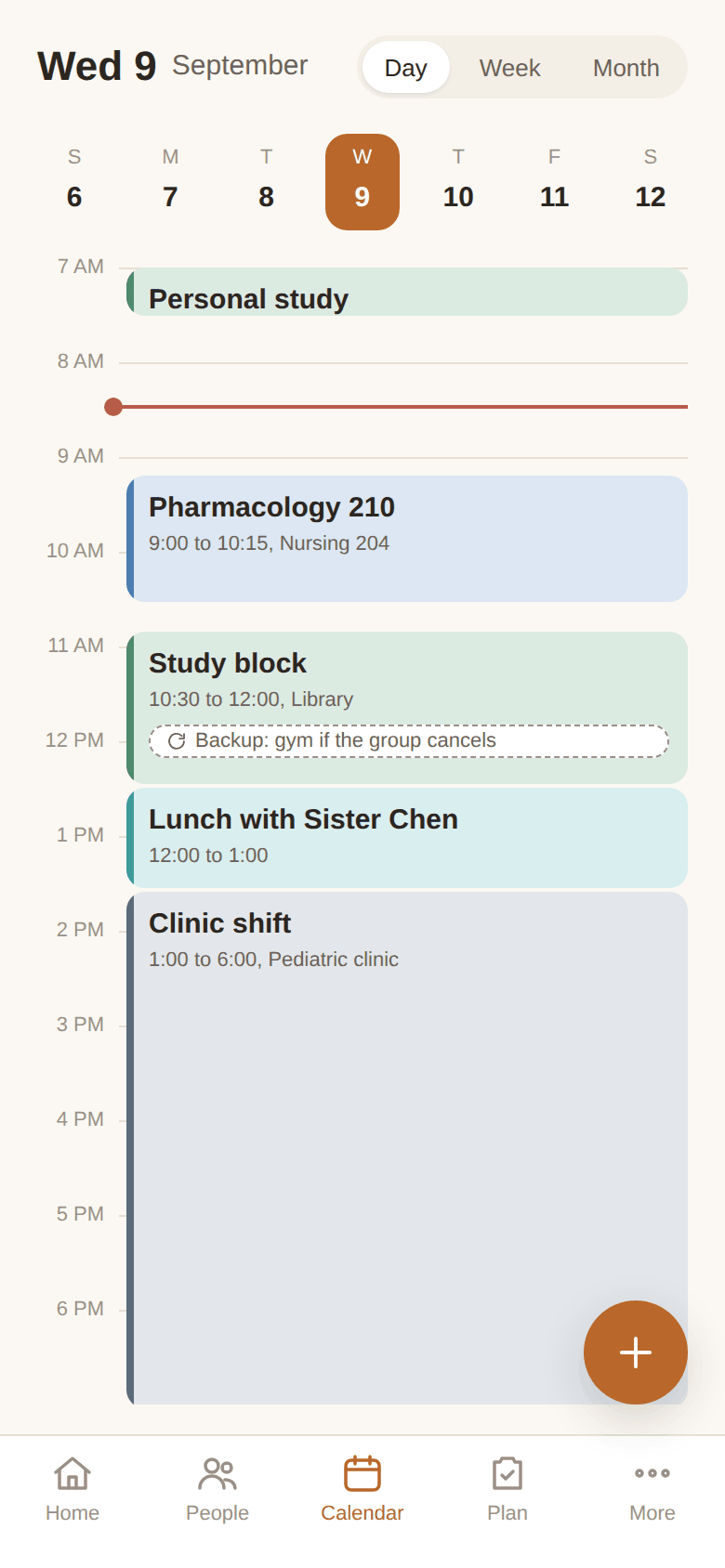 Day view with color coded time blocks and a backup plan chip on a study block.