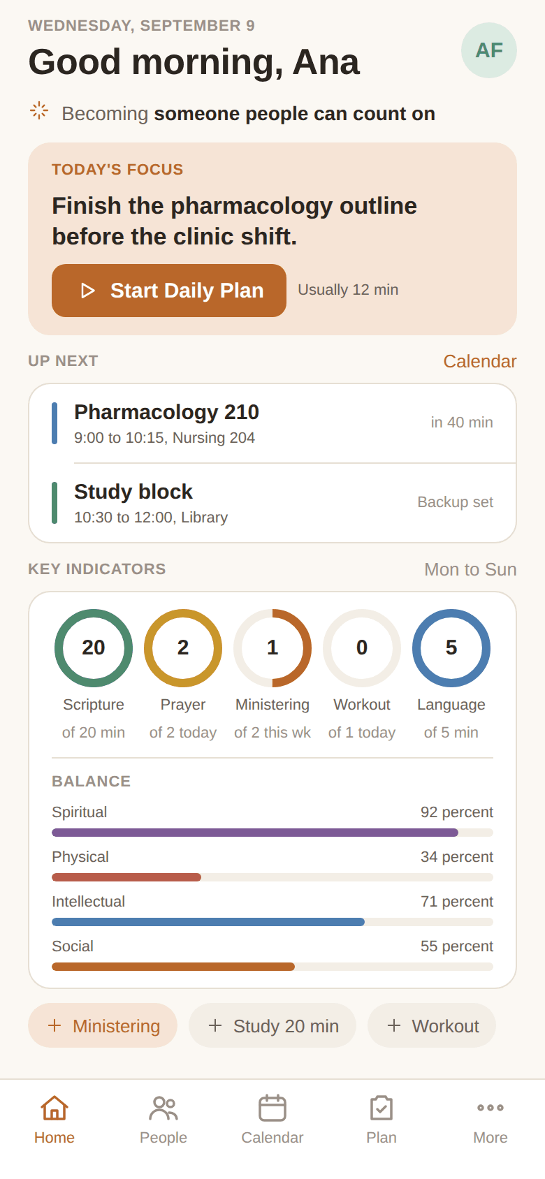 Home screen showing today's focus, the next two events, five key indicator rings, and four balance bars.