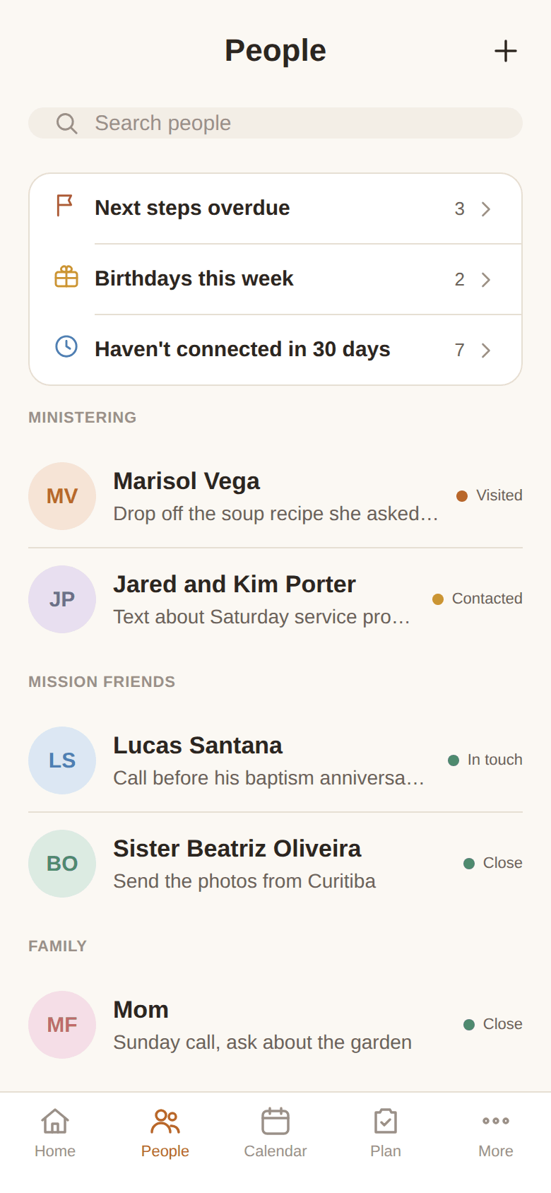 People list grouped into smart lists, each person showing their next step and stage.